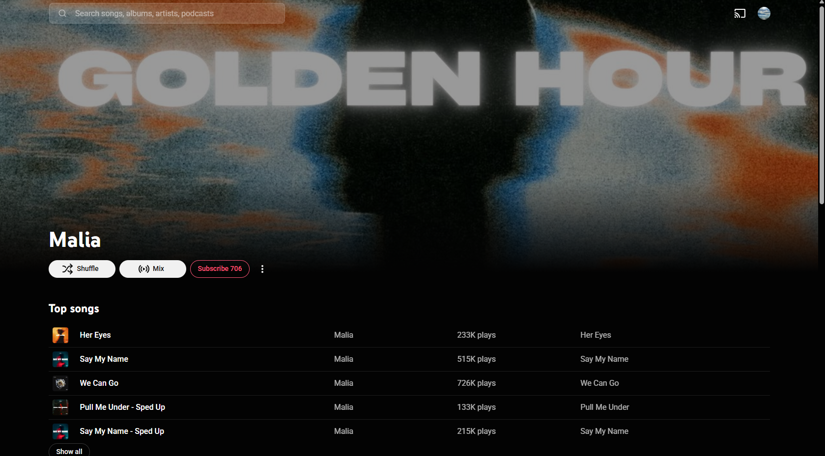 Cropped YouTube Music page for Malia showing songs with hundreds of thousands of plays