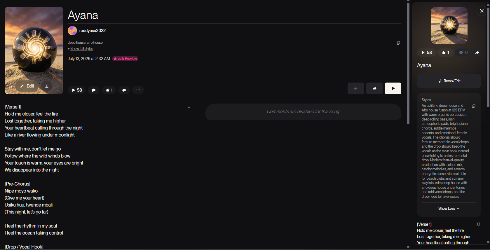 Suno page showing the generated track Ayana, its prompt, and lyrics